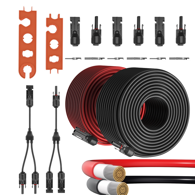 Удлинительный кабель солнечной панели 10AWG, 1 пара солнечного шнура 20 футов 10AWG, 1 пара Y-образных параллельных адаптеров, 3 пары солнечных разъемов, 1 пара гаечных ключей, набор инструментов для вилки провода солнечного кабеля